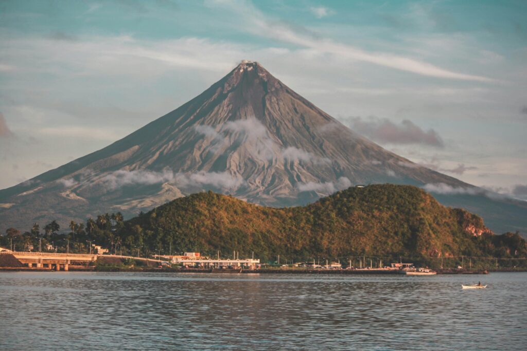 Beautiful view of Mayon Volcano with its perfect cone shape in Legazpi City, Philippines.